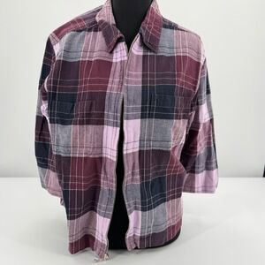 Plaid zip shirt burgundy purple navy lightweight cotton grunge soft girl size L